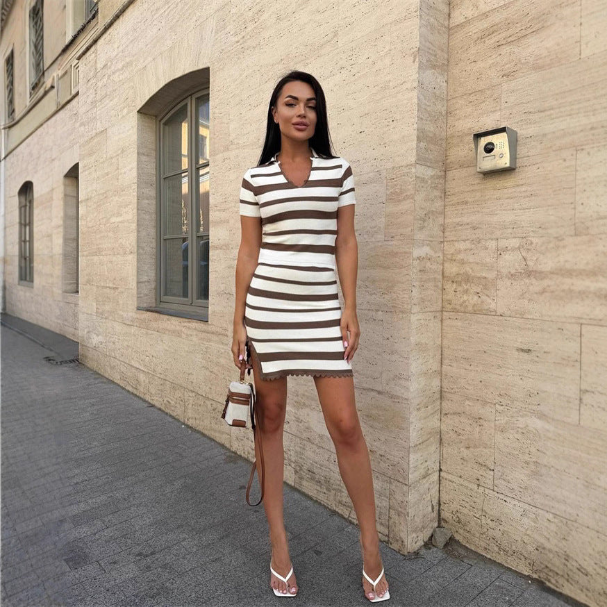 Damen Streifen Kleid mit kurzem Ärmel und Rippstruktur Drune