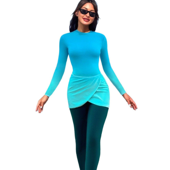 Damen Modischer Langarm-Schwimmanzug mit Wickelrock Drune