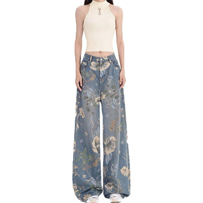 Damen Weit geschnittene Jeans mit floralen Mustern Drune