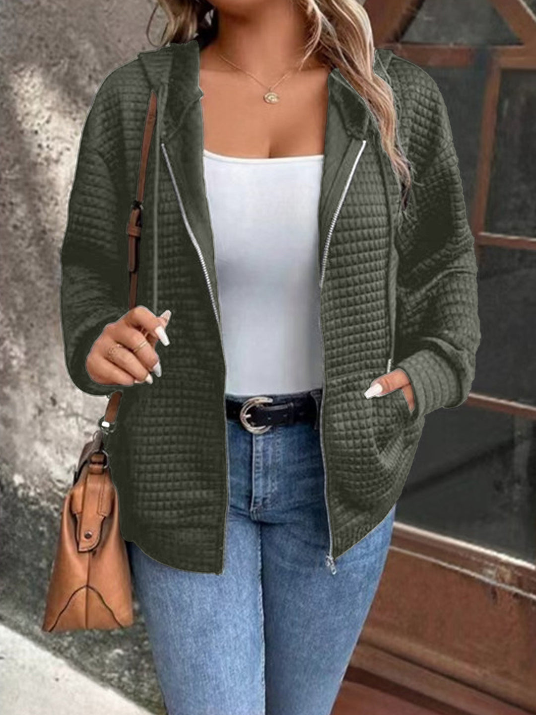 Damen gemütliche Kapuzenjacke aus strukturiertem Material Drune