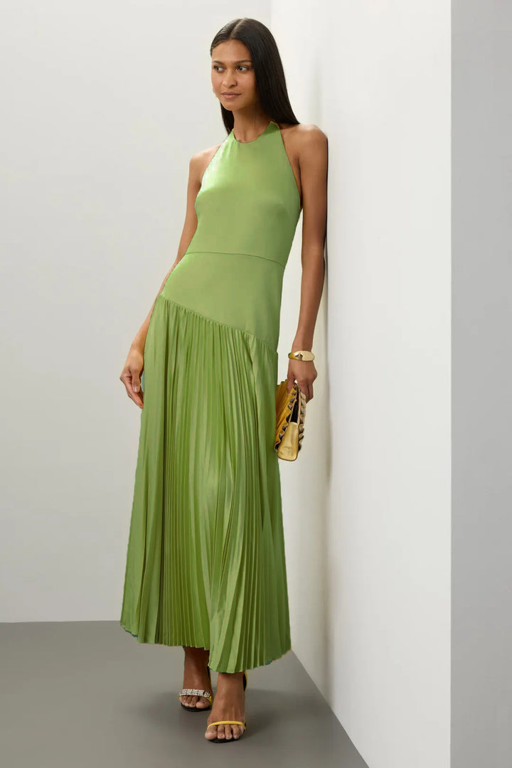Damen Elegantes Maxi-Kleid mit fließendem Faltenrock und Halterneck-Design Drune