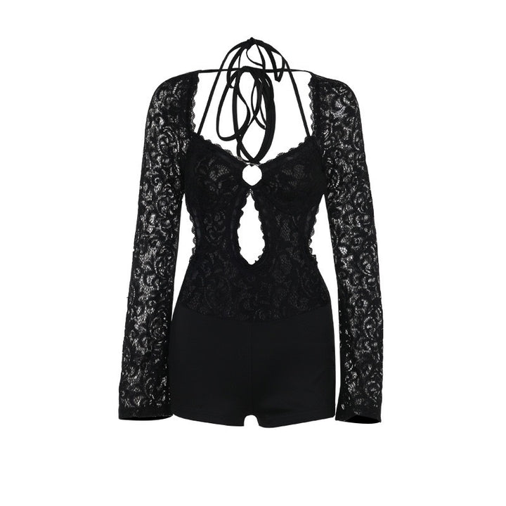 Damen Elegantes und verführerisches Spitzen-Outfit mit tiefem Ausschnitt und langen Ärmeln Drune