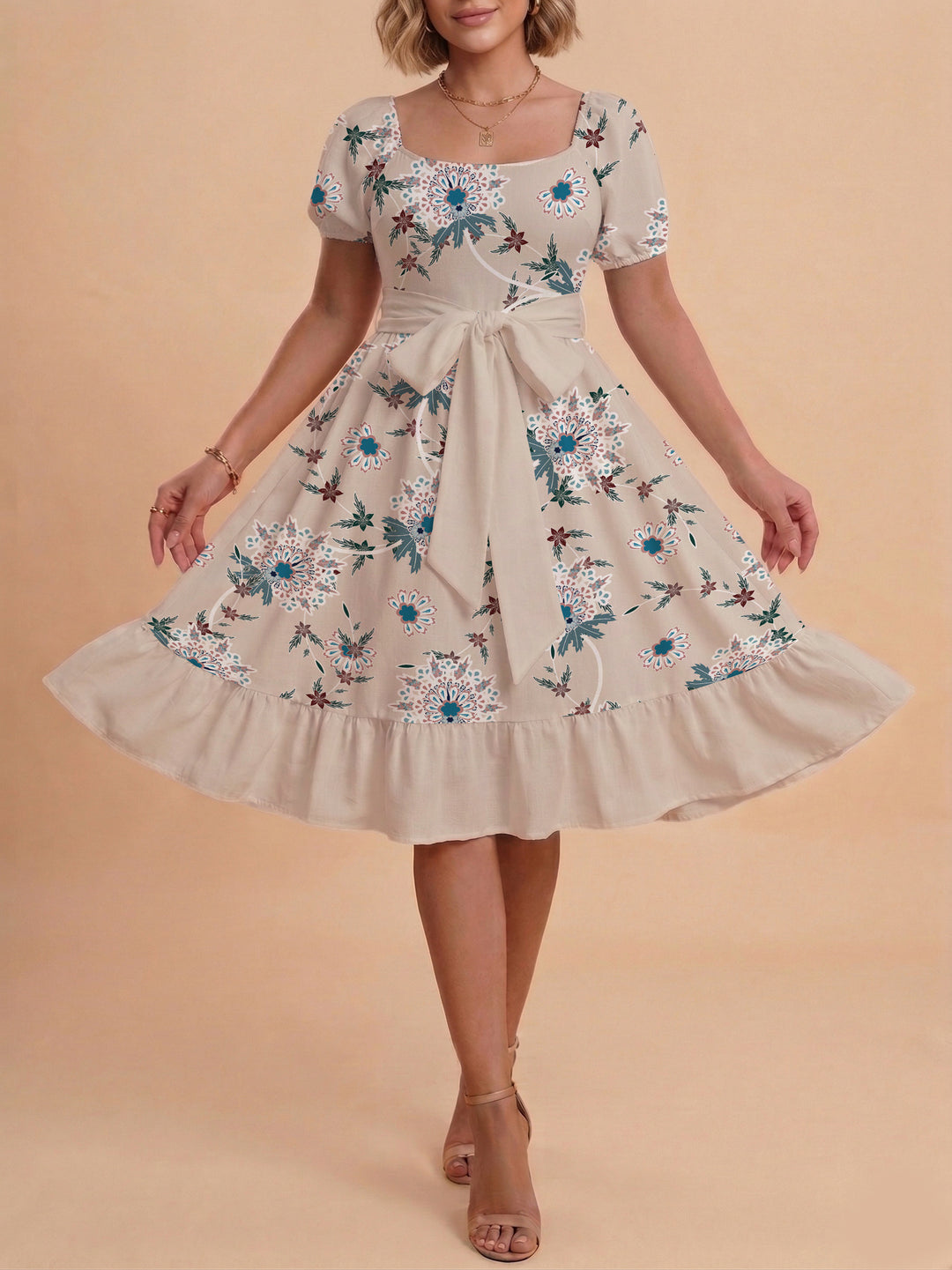 Damen Blumenkleid mit taillierbarem Gürtel und voluminösen Ärmeln Drune