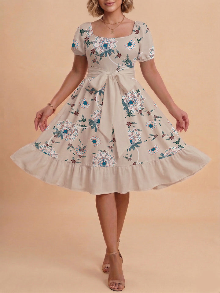 Damen Blumenkleid mit taillierbarem Gürtel und voluminösen Ärmeln Drune