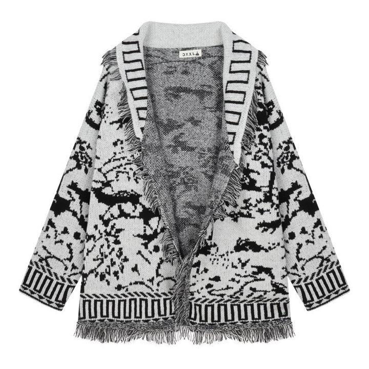 Damen Fransen-Strickjacke mit grafischem Muster und offenen Vorderteilen Drune