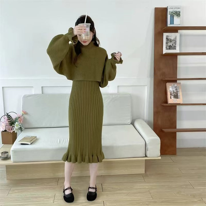 Damen Strickkleid mit hochgeschlossenem Kragen und Rippstruktur Drune