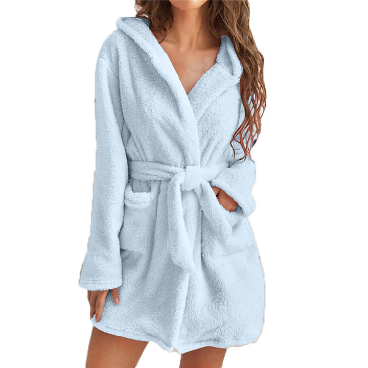 Damen Fleece Bademantel mit Kapuze und Gürtel Drune