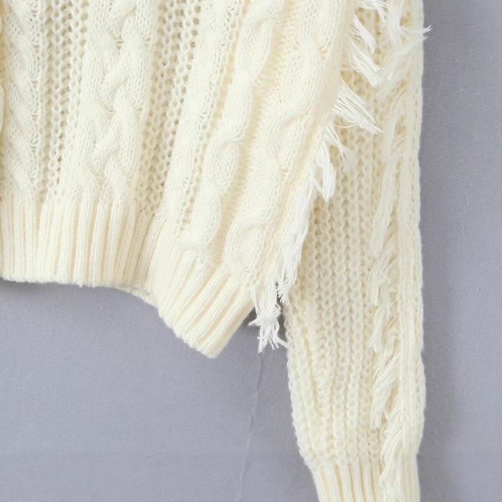 Damen Grobstrickpullover mit tiefem V-Ausschnitt und Fransen Drune