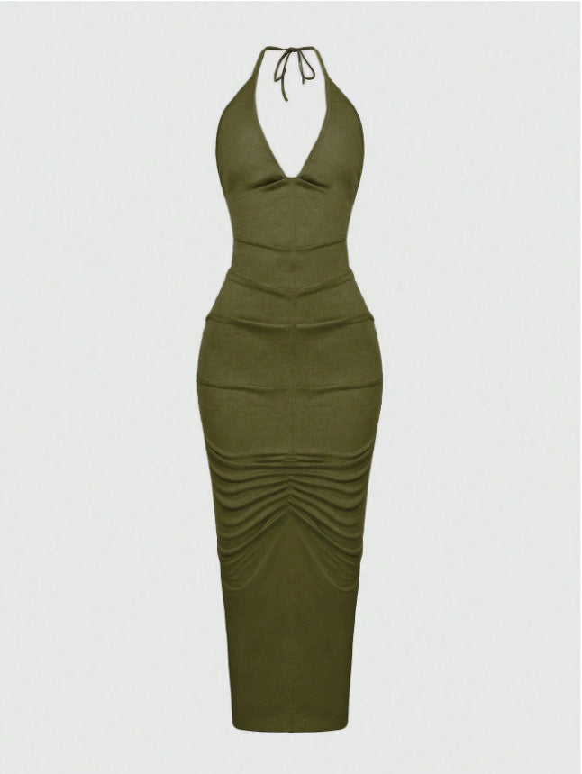 Damen Elegantes Maxikleid mit tiefem V-Ausschnitt und Raffung Drune