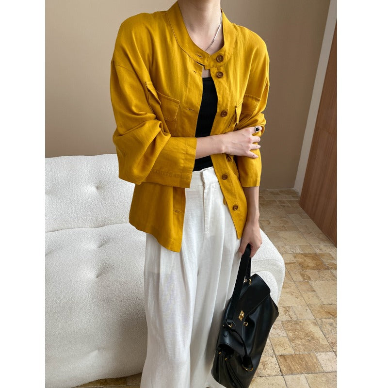 Damen lässige Leinenjacke mit modischem Stehkragen und praktischen Taschen Drune