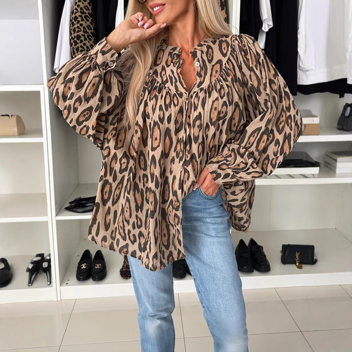 Damen Bluse mit voluminösen Ärmeln und luxuriösem Leo-Print Drune