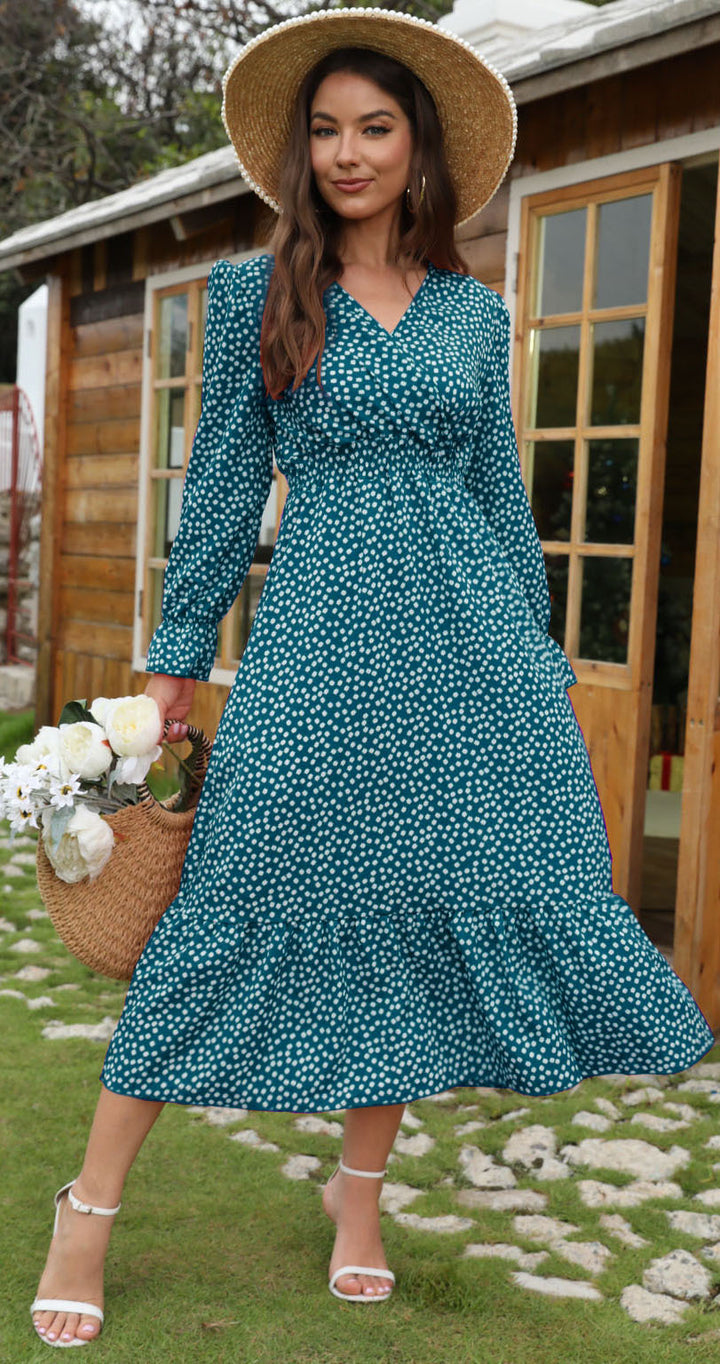 Damen Midikleid mit floralen Punkten und schwingendem Rock Drune