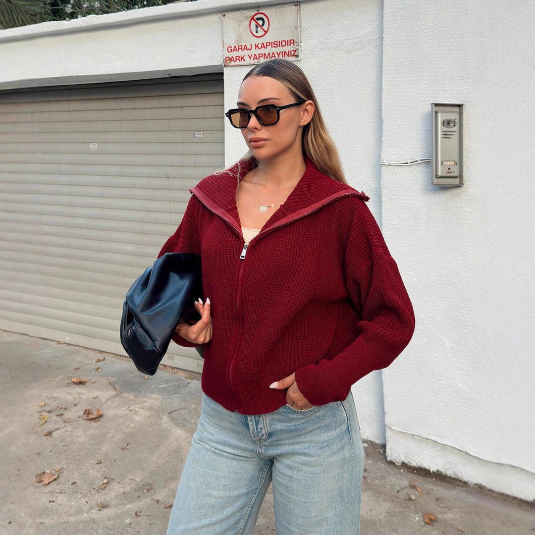 Damen kuschelige Strickjacke mit hohem Kragen und Reißverschluss Drune
