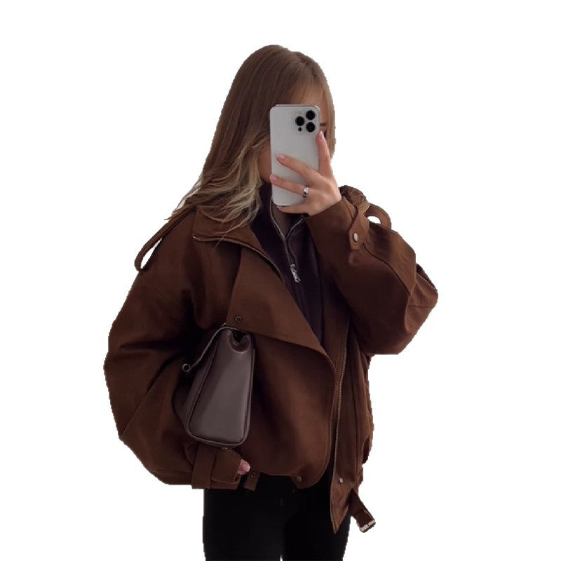 Damen Oversized Kunstlederjacke mit praktischen Taschen und lässigem Schnitt Drune