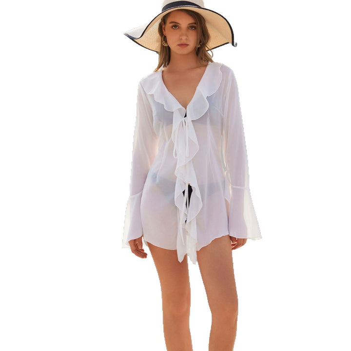 Damen eleganter, transparenter Strandüberwurf mit Volant Drune
