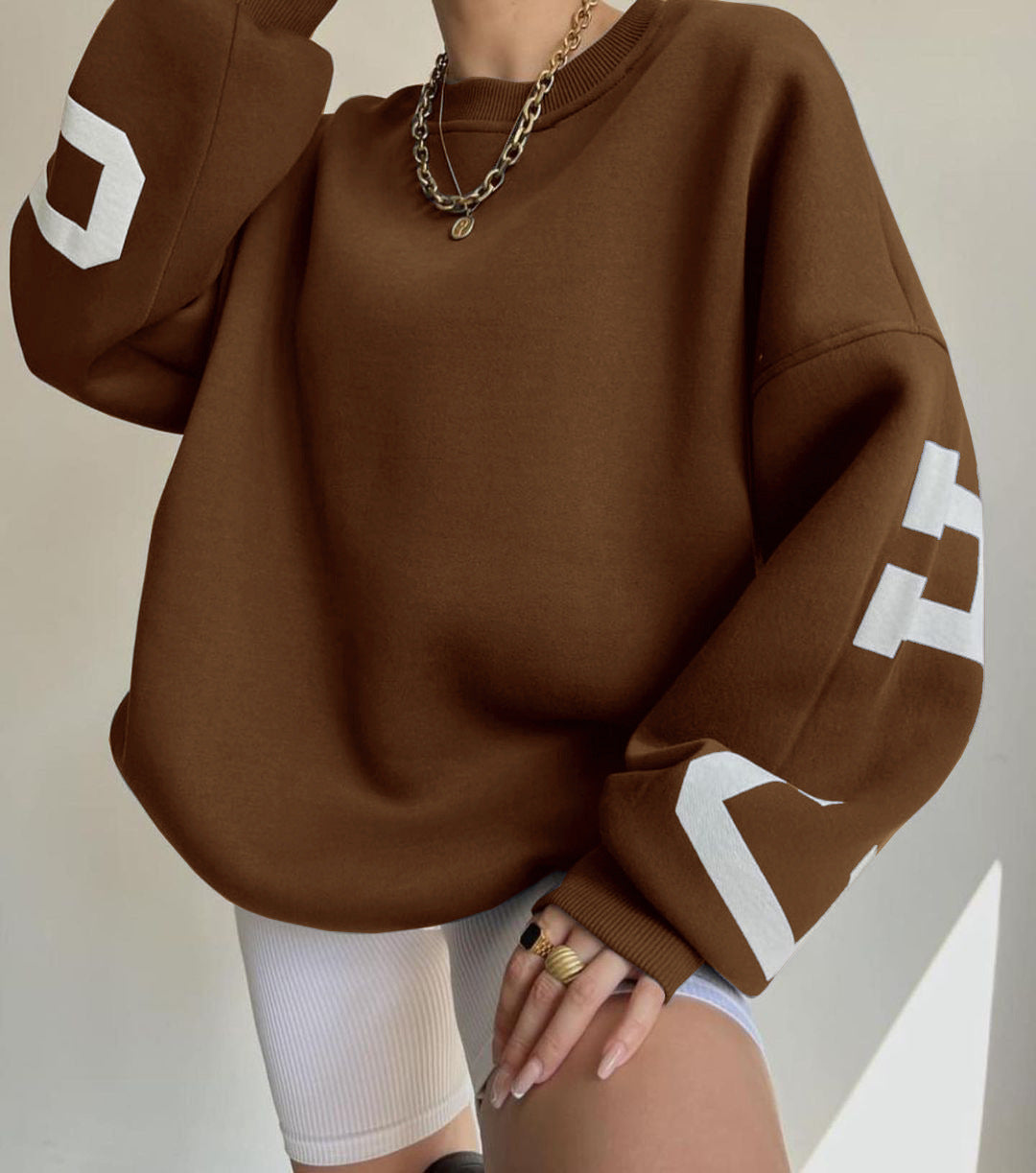 Damen lässiger Oversized Sweater mit kontrastierenden Ärmeln Drune