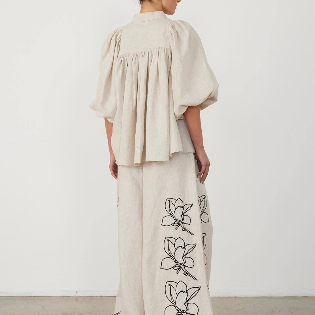 Damen Weit geschnittene Leinenhose mit floralen Stickereien Drune