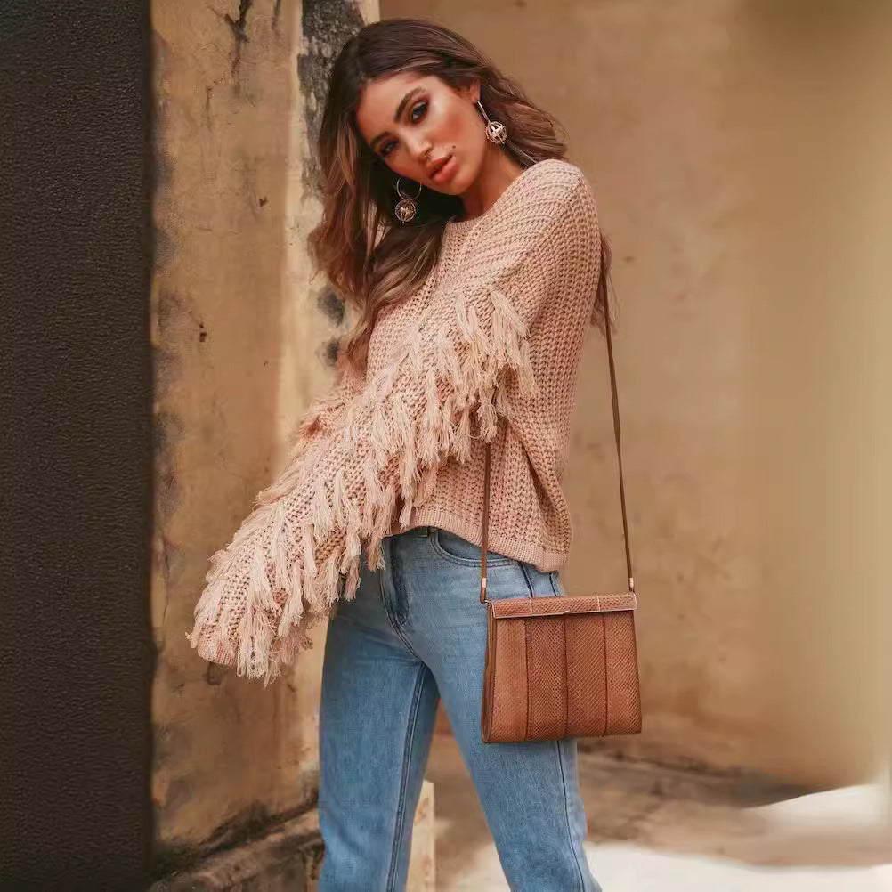 Damen Grobstrickpullover mit fransigen Ärmeln und gemütlichem Schnitt Drune