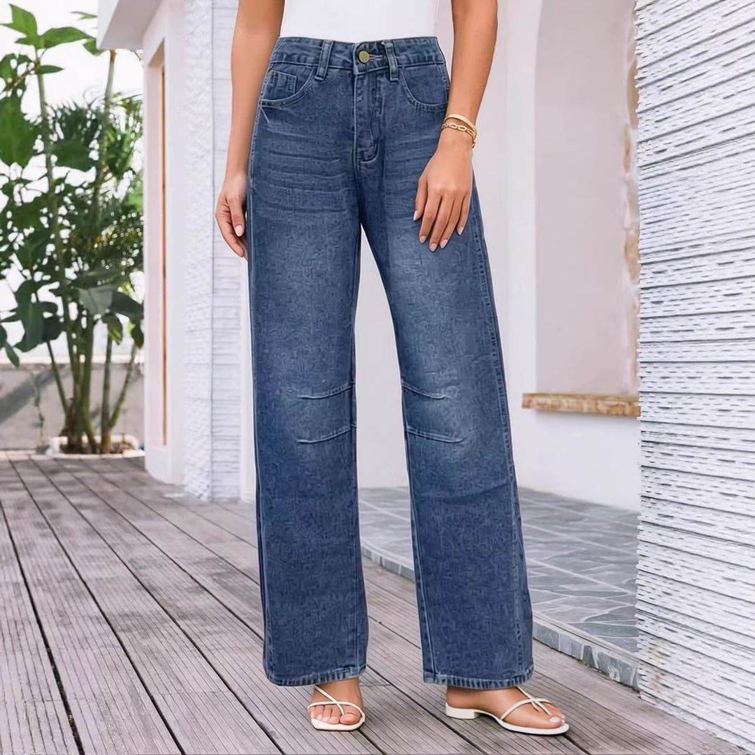 Damen nan High-Waist weite Denim-Hose mit ausgestelltem Bein und tonalen Knie-Abnähern Drune