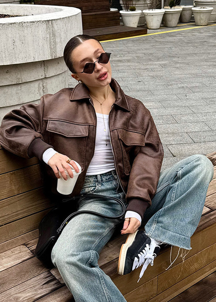 Drune | Distressed Fauxleder Zip-Jacke