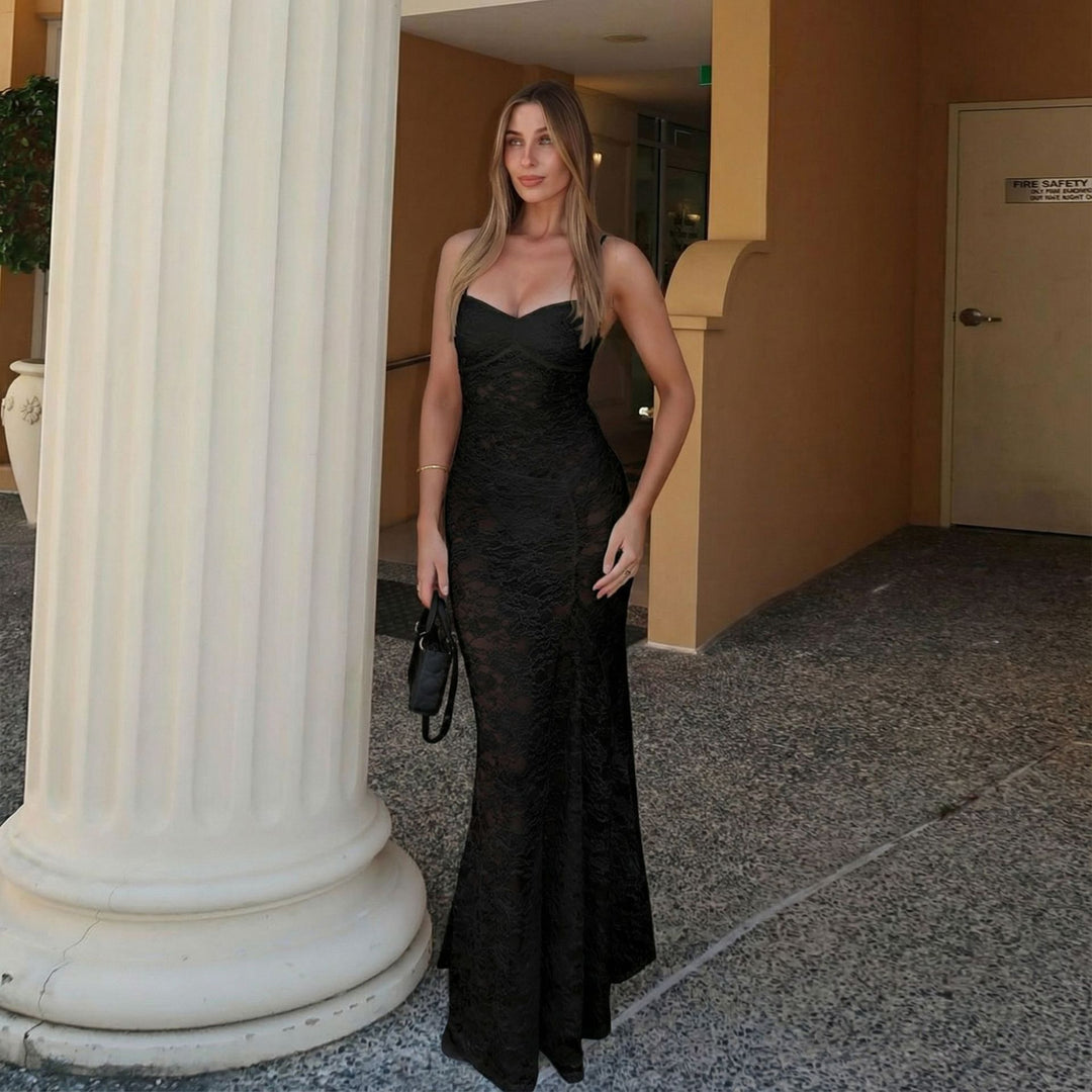 Damen sexy Spitzen Maxi-Kleid mit verstellbaren Trägern und Herzen-Ausschnitt Drune