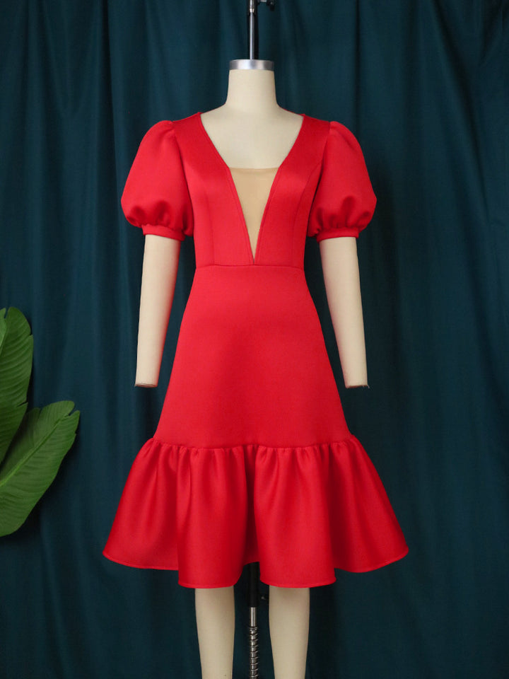 Damen elegantes Wickelkleid mit voluminösen Puffärmeln und Rüschensaum Drune