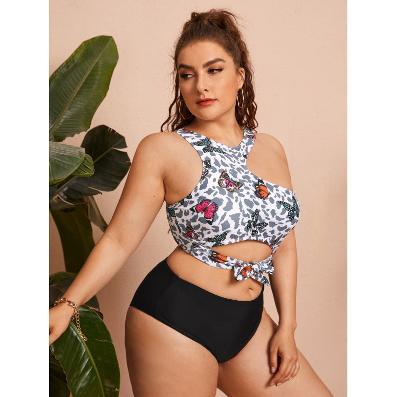 Damen Cut-Out Bikini mit modischem Blütenmuster und hohem Taillen-Slip Drune