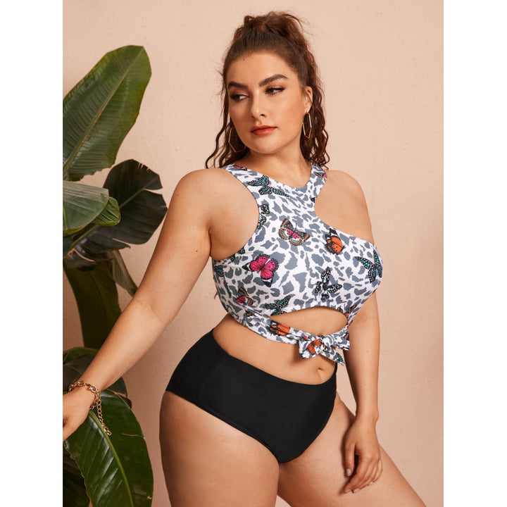 Damen Cut-Out Bikini mit modischem Blütenmuster und hohem Taillen-Slip Drune