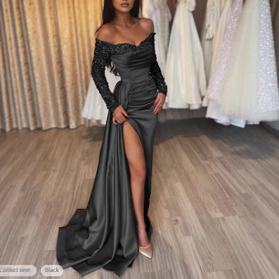 Damen Glamouröses Abendkleid mit schimmerndem Rock und funkelnden Ärmeln Drune