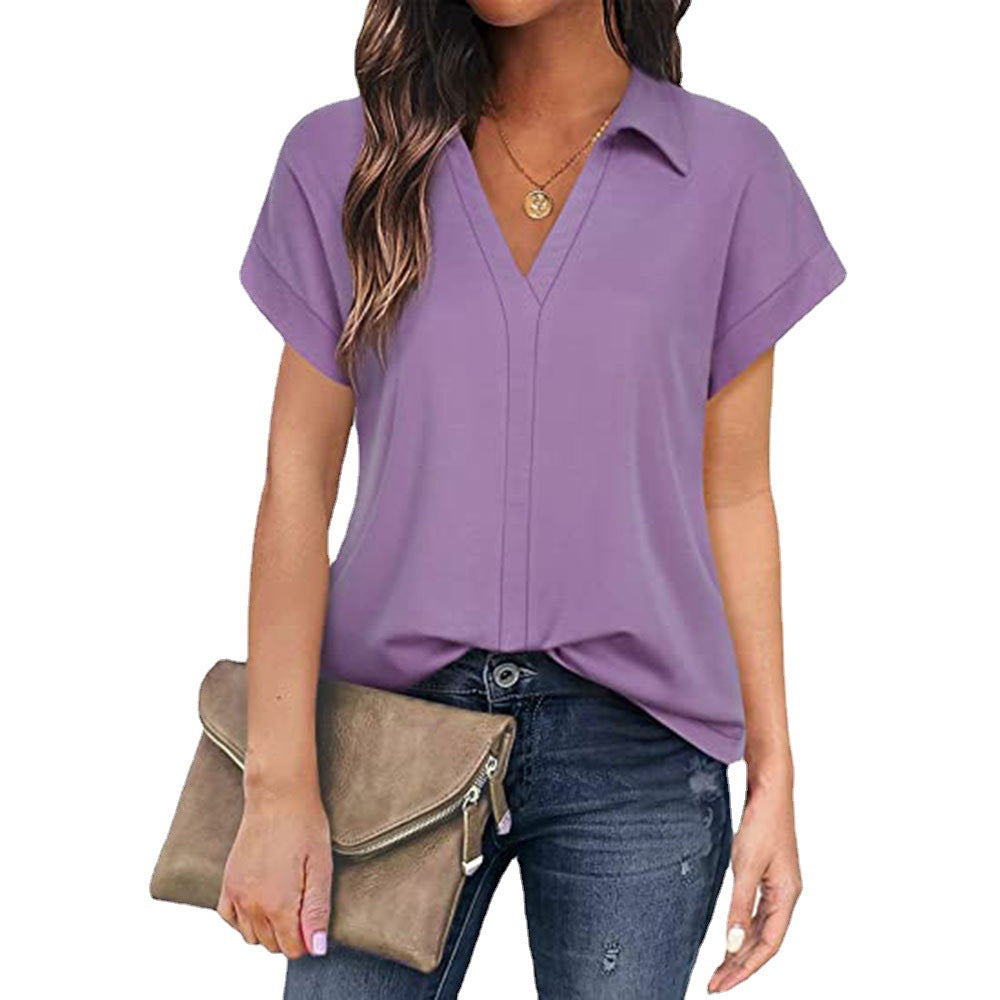 Damen V-Ausschnitt Bluse mit kurzen Ärmeln und eleganter Knopfleiste Drune