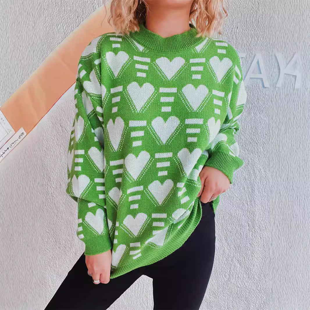 Damen gestrickter Pullover im modernen Herzdesign mit weitem Schnitt Drune