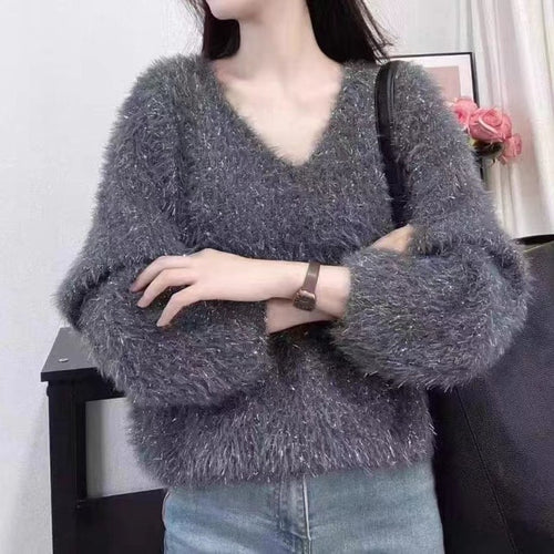 Damen kuscheliger V-Ausschnitt Pullover mit glitzerndem Faden Drune