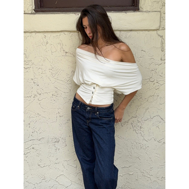 Damen Off-Shoulder Oberteil mit Knopfdetails Drune