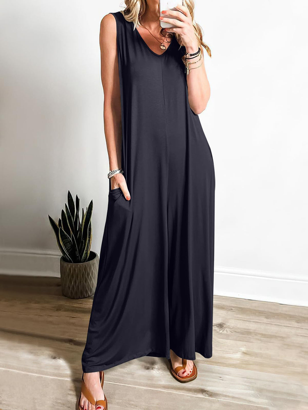 Damen weit geschnittene Jumpsuit mit V-Ausschnitt Drune