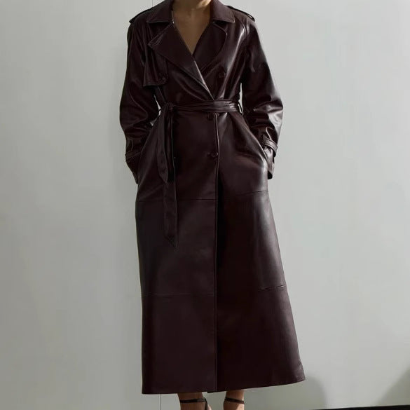 Damen Trenchcoat aus hochwertigem Kunstleder mit taillierbarem Gürtel Drune