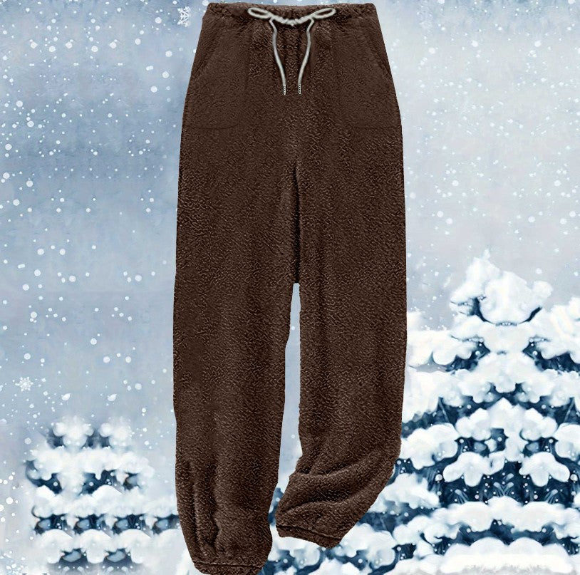 Damen nan kuschelige Sherpa-Fleece Loungehose mit Kordelzug, hoher Taille und elastischen Bündchen Drune
