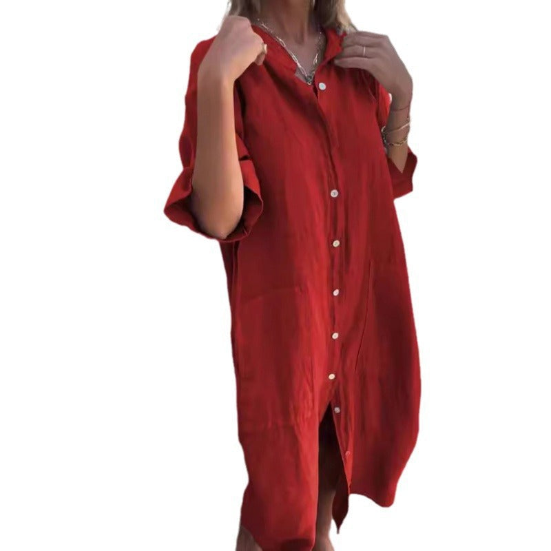 Drune | Lockere lässige Baumwolle-Leinen Hemdkleid mit halben Ärmeln