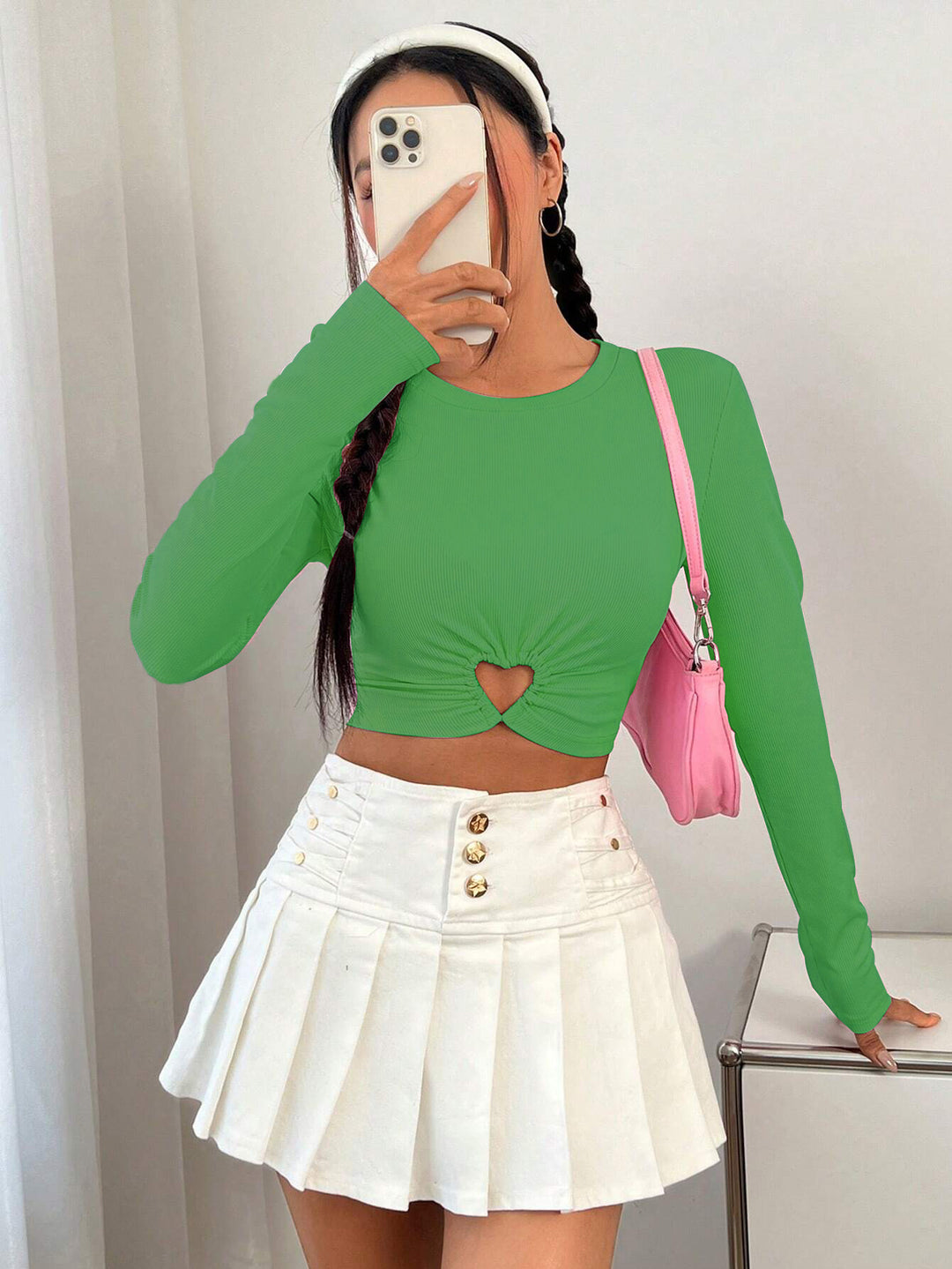 Damen Cropped Longsleeve mit Herz-Ausschnitt und eleganter Raffung Drune