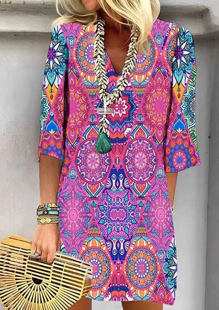 Damen nan kurzes Boho Strandkleid im Mandala-Print mit V-Ausschnitt, dreiviertel-Ärmeln und legerer A-Linie Drune