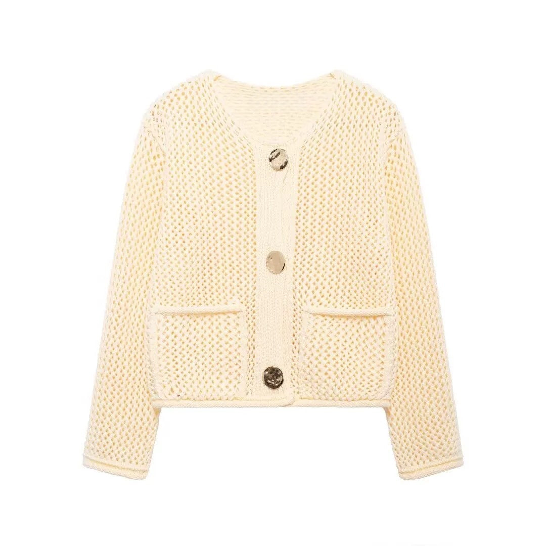Damen Strickjacke mit Netzstruktur und großen Knopfdetails Drune