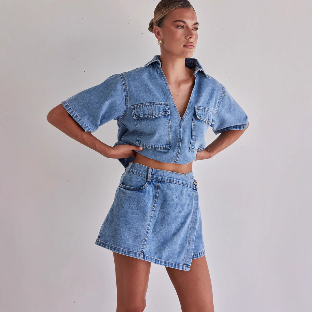 Damen Denim-Kurzjacke mit passendem Rock im lässigen Stil Drune