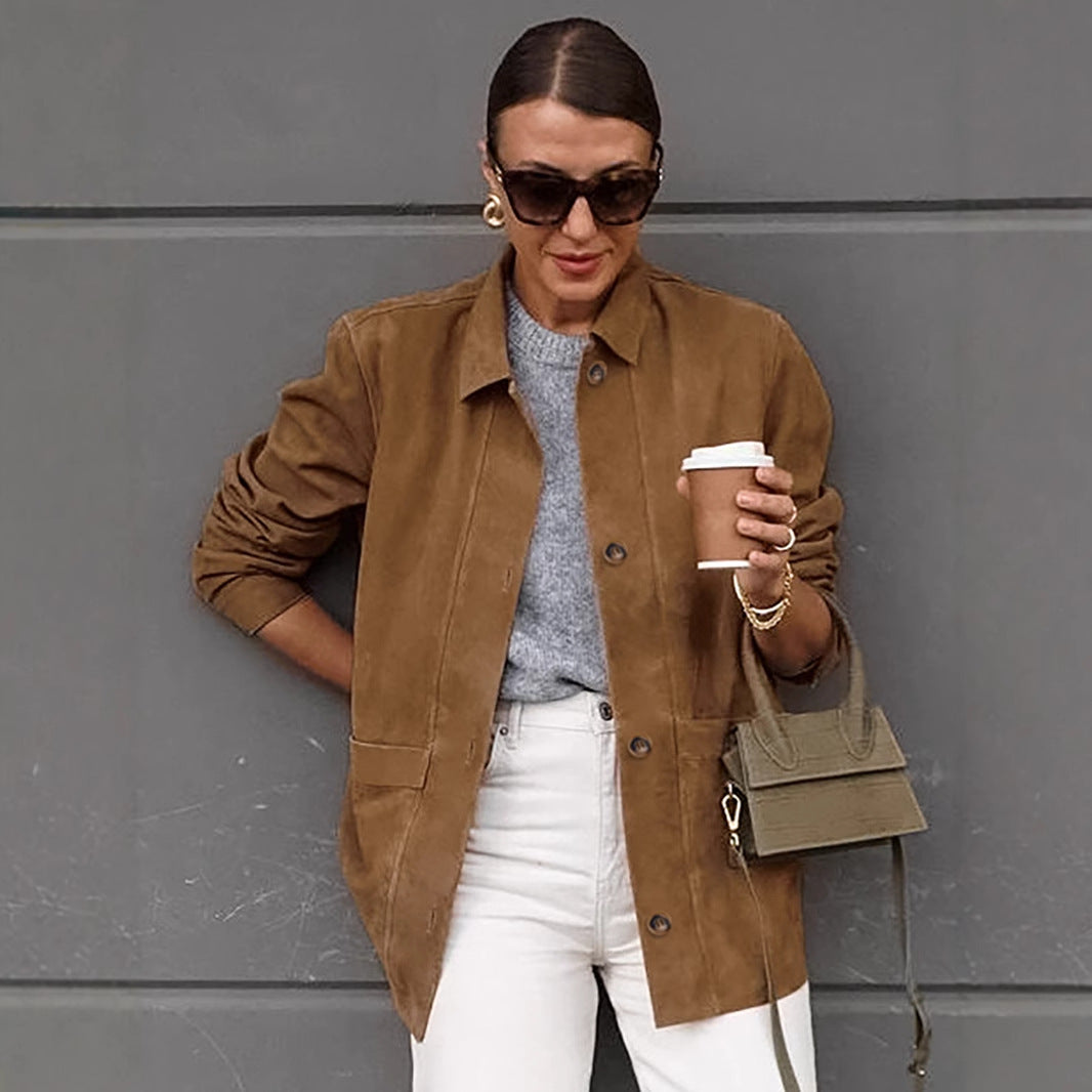 Damen Modischer Wildlederblazer mit praktischen Taschen Drune