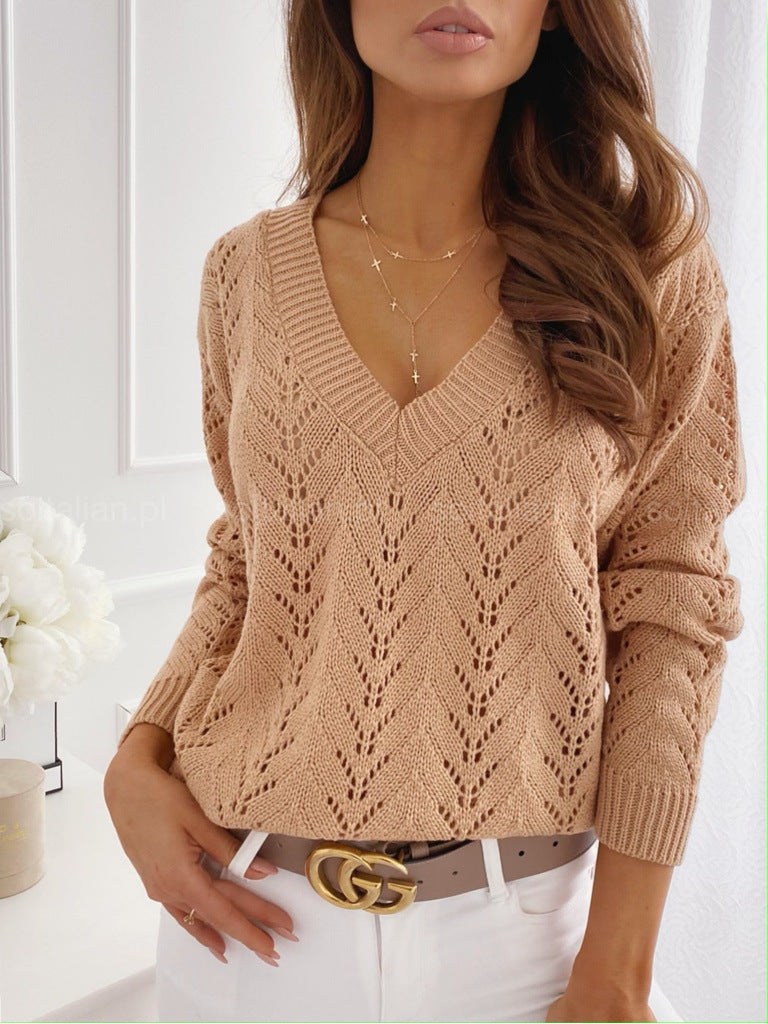 Damen Strickpullover mit V-Ausschnitt und kunstvollen Lochmustern Drune