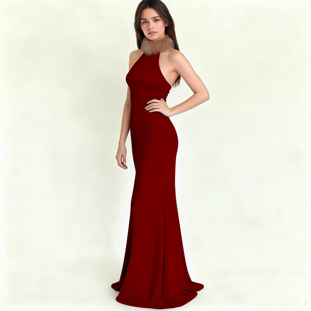Damen Elegantes Maxikleid mit luxuriösem Kunstpelzkragen Drune