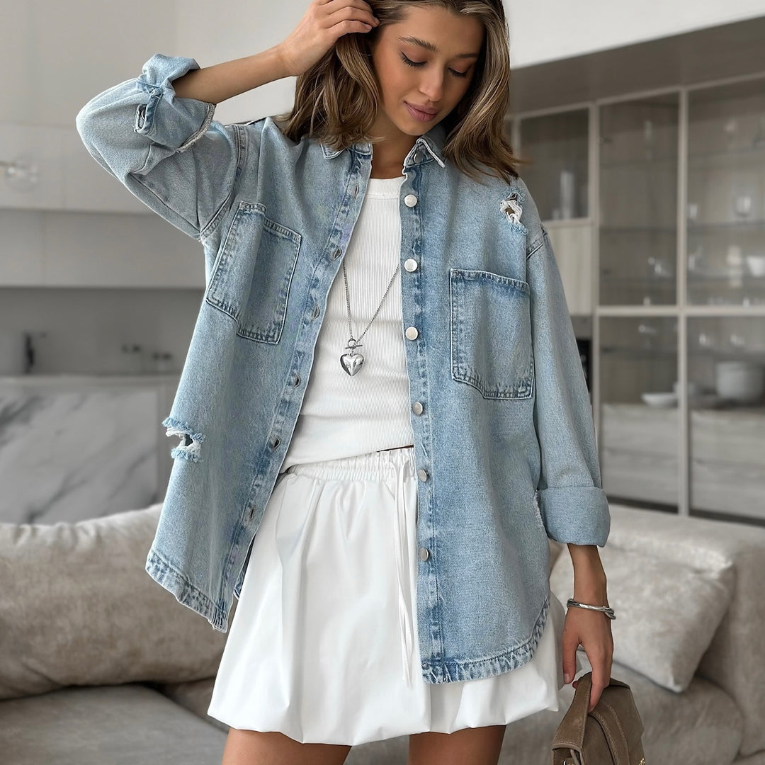 Damen Jeansjacke mit lässigem Oversized-Schnitt und destruktiven Details Drune