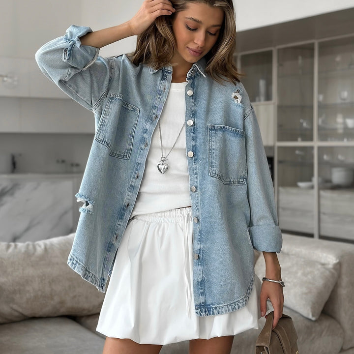 Damen Jeansjacke mit lässigem Oversized-Schnitt und destruktiven Details Drune
