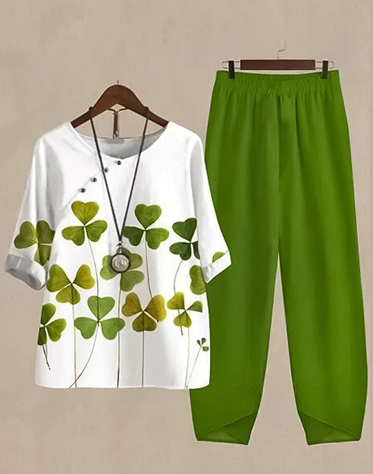 Damen nan zweiteiliges Freizeitset mit Kleeblatt-Print-Tunika und elastischer Komfortbund-Hose Drune