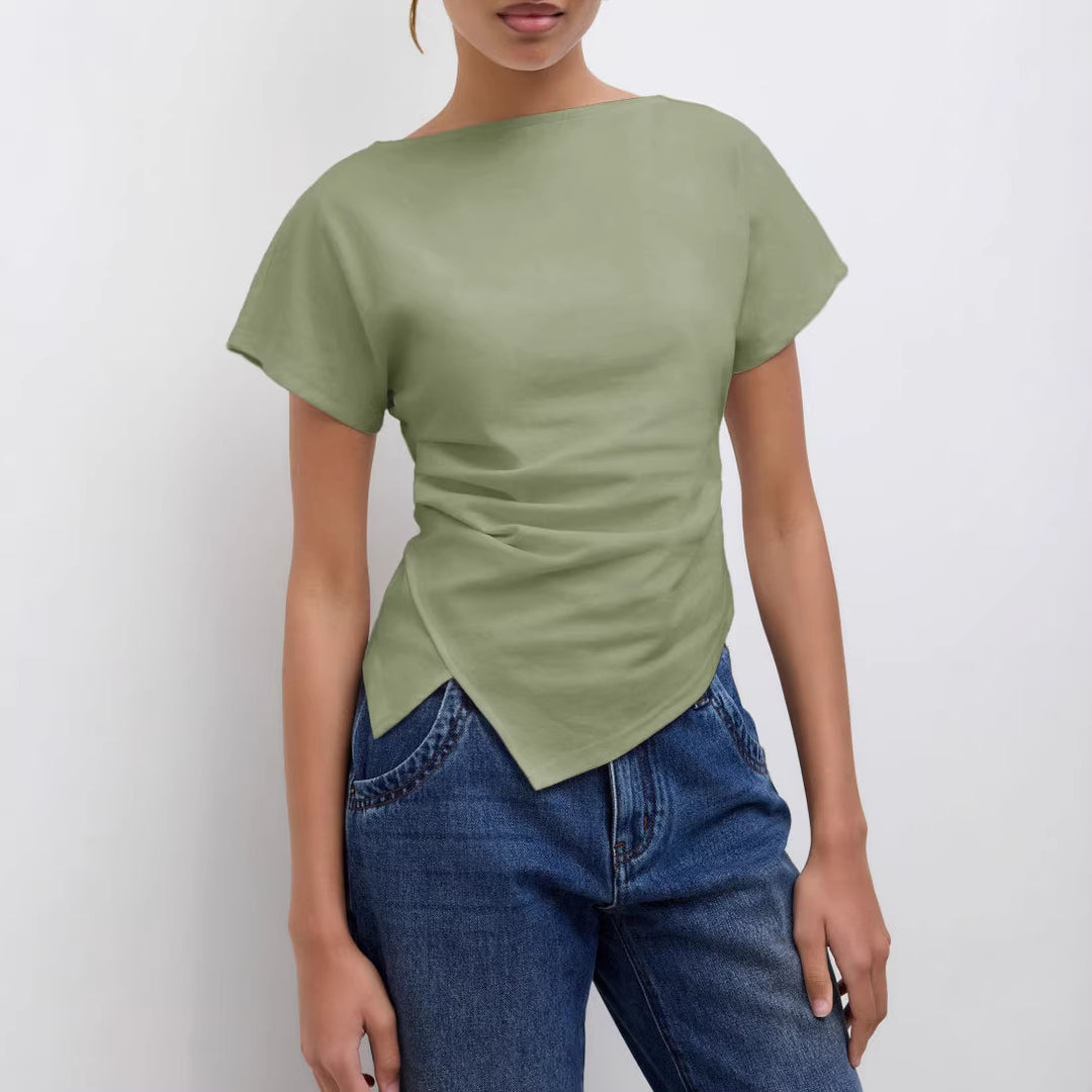 Damen Cropped T-Shirt mit asymmetrischem Schnitt und dekorativem Drapierungseffekt Drune