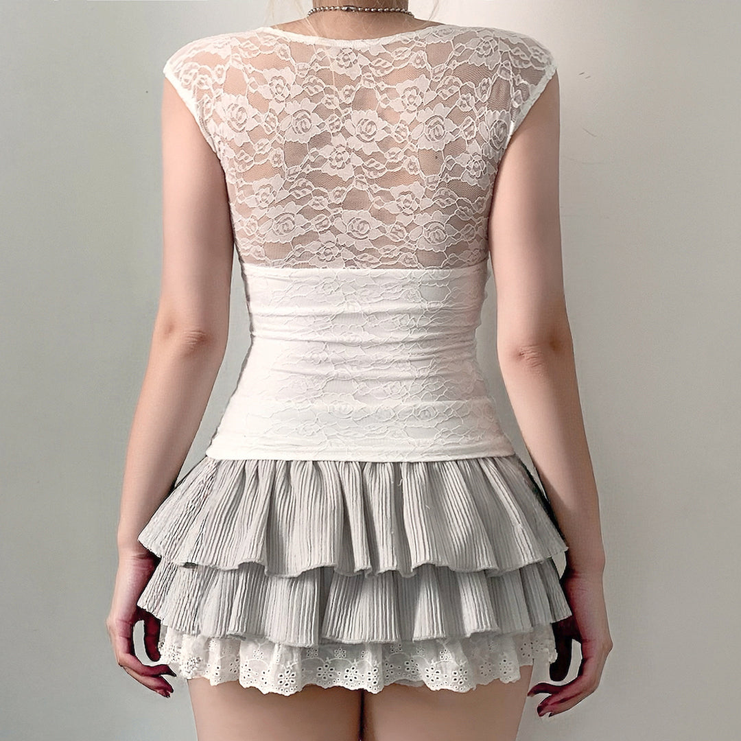 Damen Spitzen-Cropped-Top mit elegantem V-Ausschnitt und Rüschendetails Drune