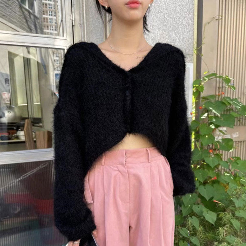 Damen Cropped Strickjacke mit Kapuze Drune